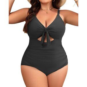 Aqua Eve Plus Size 16W Swimsuit One-Piece Black Tummy Control Tie Knot V-Neck